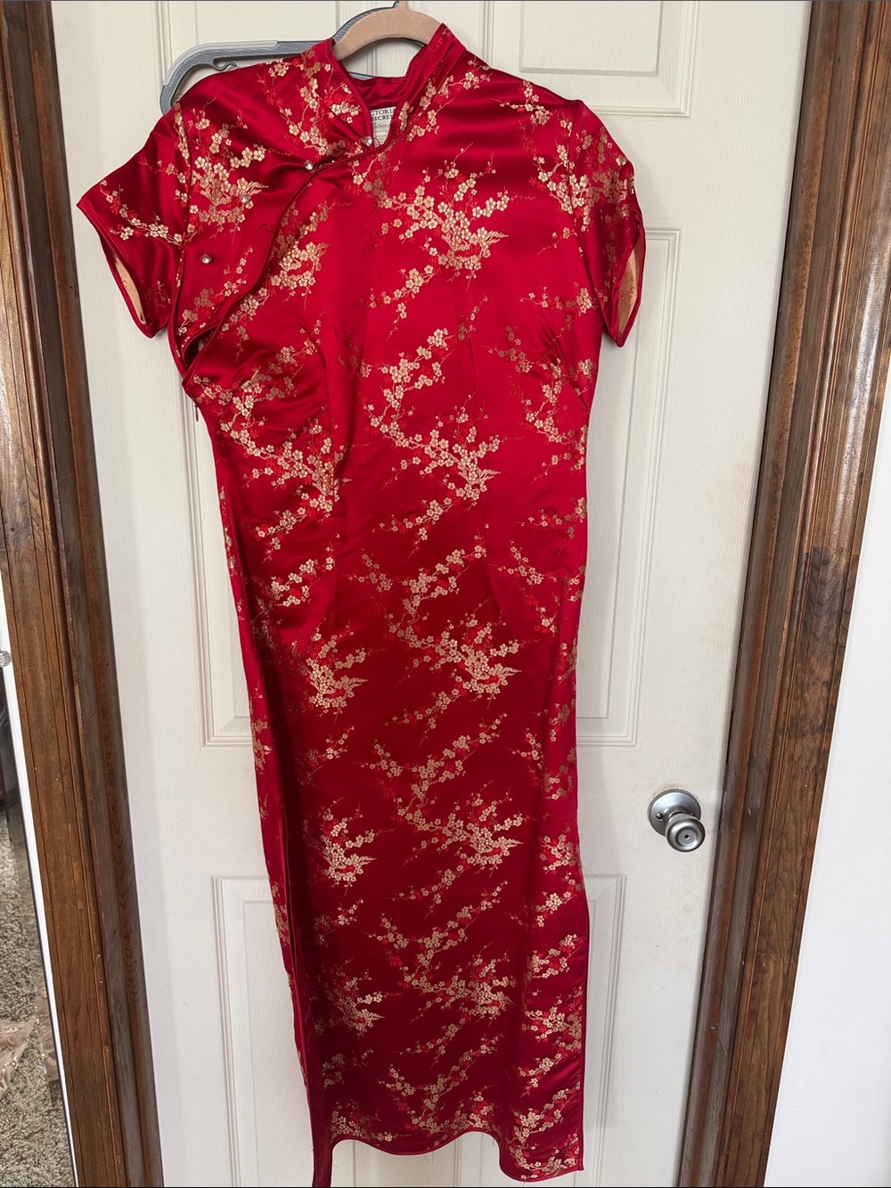 Victoria's Secret Red Satin Maxi Dress with Gold Floral Motif